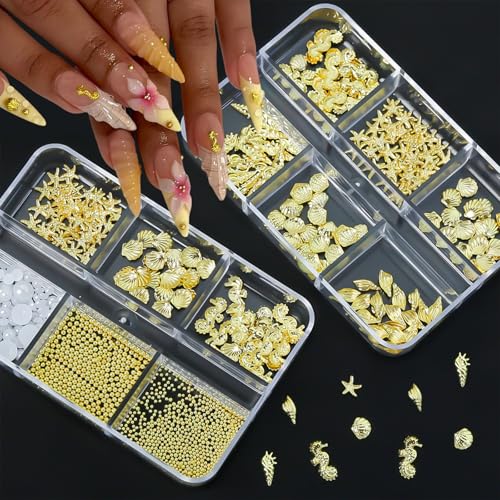 2 Boxes Summer Shell Nail Art Charms 3D Metal Mixed Shapes Gold Shell Seahorse Starfish Conch Alloy Nail Rivets with Flatback Pearls Nail Charms Summer Ocean Theme DIY Crafts Manicure Decoration - color: Summer Shell