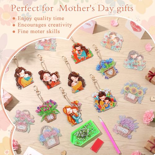 Huquary 24 Pcs Mother's Day Diamond Art Painting Keychains Kits 5D DIY Diamond Art Mother's Day Crafts Pendant Ornaments for Mom Grandma Flower Basket Mom and Child Charms for Birthday Decorations - style: Mom