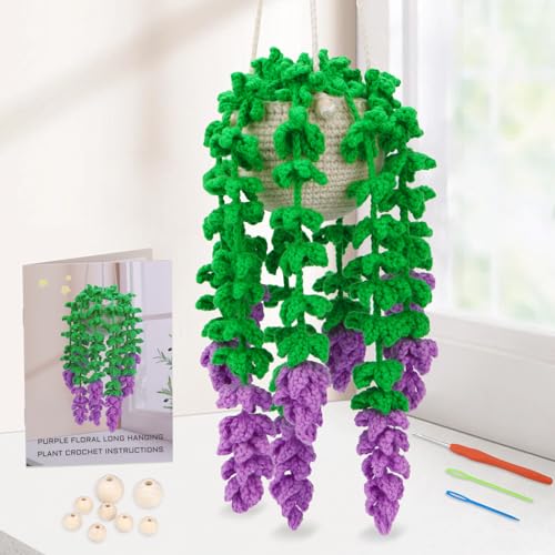 Kogyxe Beginners Crochet Kit, Amigurumi Crochet Starter Kits w Step-by-Step Video Tutorials, Hanging Potted Plants Knitting Starter Pack for Beginners Decoration, Wisteria Flower (40%+ Yarn) - size: Wisteria Flower