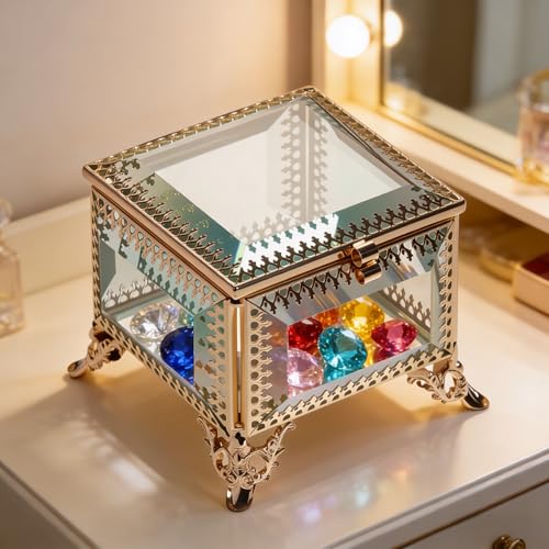 Glass Vintage Jewelry Box Keepsake storage Trinket Ring Display Box Home Decor Beveled Clear Glass Box Organizer(3.8x3.8x3.4Inches) - color: Golden