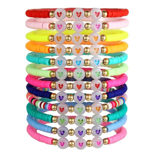 Friendship Bracelets Boho Stackable Bracelets for Women Surfer Heishi Clay Bead Bracelets Stretch Preppy Bracelets Colorful Boho Bracelets for Women - color: 12 pcs LOVE（night light)