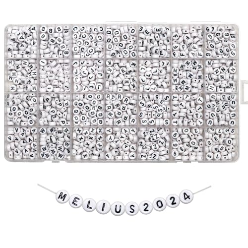 Melius 1450Pcs Acrylic Letter and Number Beads, 4x7mm Alphabetical Flat Round Alphabet Beads in 28 Grid Box for Bracelets, DIY Crafts - color: White-Number, size: 4x7mm