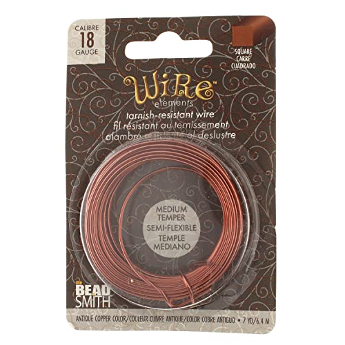 The Beadsmith Square Craft Wire - Medium Temper Beading Wire, Antique Copper Color, 18 Gauge, 7 Yards - color: Antique Copper, size: 18 Gauge, 7 Yard Coil