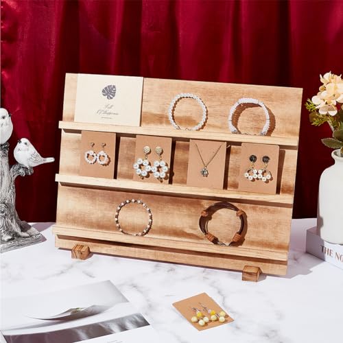 PH PandaHall 3 Tier Earring Cards Stands, Wooden Jewelry Display Stand Rack Removable Shelves Rack, Earring Display Card Holder for Displaying Bookmarks Stickers Jewelry Keychains - color: BurlyWood-3 Tier