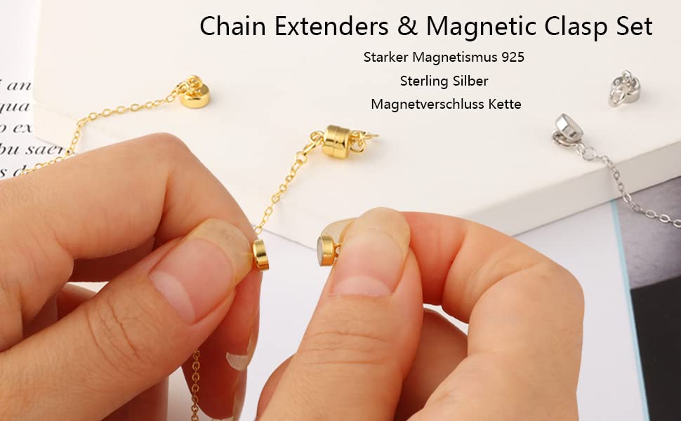 925 Sterling Silver Magnetic Jewelry Clasps Magnetic Necklace Clasps and Closures Sterling Silver Bracelet Necklace Extender - color: D-White Gold