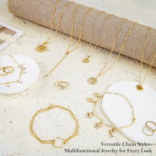 18k Gold Necklace Chains for Jewelry Making, 52.5 Feet 8 Rolls Bracelet Chains for DIY,6.5 Feet Each Style, Gold Plated Chain with Jump Rings/Lobster Clasps/Connectors - color: 18k Gold-52.5 Feet 8 Rolls