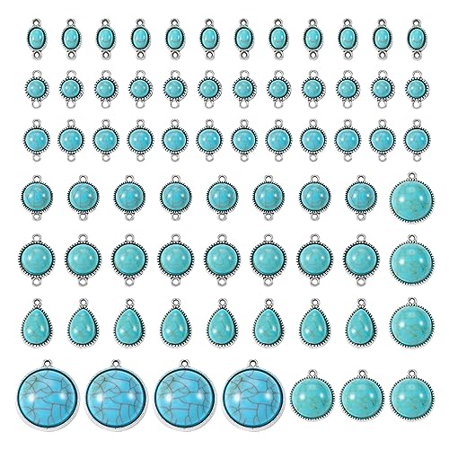 Pandahall 70Pcs Tibetan Style Teardrop Turquoise Connector Charms - Round Bohemian Earring Retro Antique Silver Western Link for DIY Boho Necklace Jewelry Making