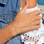 Gold Hand Chain Bracelet for Women, Ring Bracelet Hand Chain Non Tarnish Waterproof Dainty Finger Bracelet Beaded Cubic Zirconia Layered Twist Link Stack Bracelets Trendy Jewelry Gift for Her - color: Dainty Double Chain