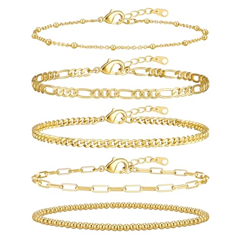 adoyi Gold Bracelets for Women, 14K Gold Plated Stackable Bracelet Stack Set Adjustable Charm Paperclip Chain Cuban Link Layered Waterproof Jewelry Sets Gifts for Womens - color: Gold 6.0 IN Small Wrist