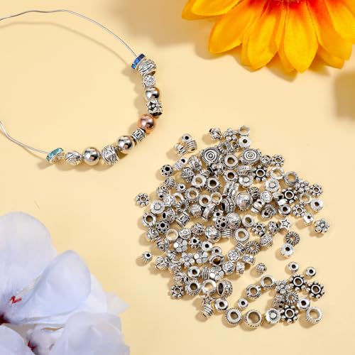 200PCS 1-5mm Hole Spacer Beads Tibetan Antique Silver Rondelle Spacers Bead, Assorted Styles Metal Filigree Loose Ball Bead Charms Kits for Bracelets Jewelry Making