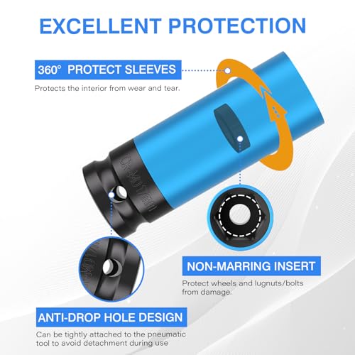 5PCS 1/2" Drive Wheel Protector Impact Socket, Non-Marring Lug Nut Deep Socket Set, CR-MO, 6 Point, Color-Coded Protective Socket | Metric 15 17 19 21 22 mm - size: 1/2" Protective Cover Sockets 5pcs