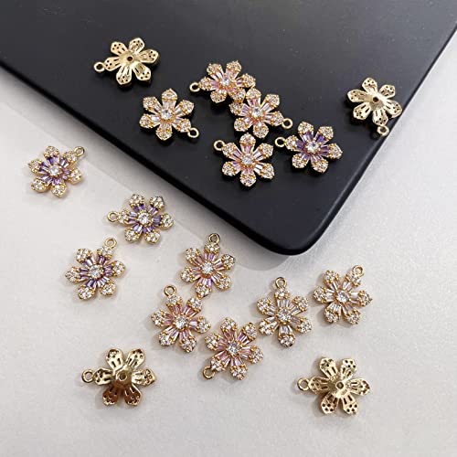 Crystal Zirconia Gold Plated Brass Charms for Jewelry Making Bracelet Necklace Earring Pendant Craft Supplies DIY Accessories - color: FlowerB-Pink-6Pcs