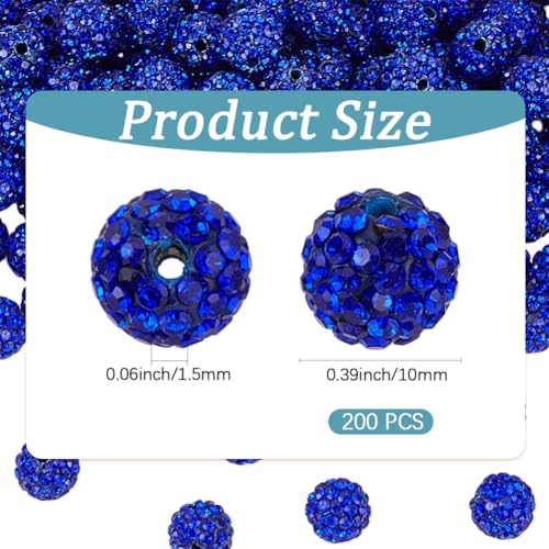 200PCS 10MM Blue Rhinestone Beads with Hole Polymer Clay Round Sparkly Grade A Pave Disco Ball Shiny Charms Loose Spacer Bead Bulk for Jewelry Making Bracelets Earrings Keychains DIY Crafts - color: Blue, size: 10mm 200pcs