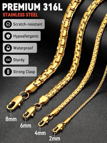FaithHeart Mens Black/Silver/Gold Stainless Steel Flat Box Link Chain Necklace, Stylish 2/4/6/8mm Width Box Chains Necklaces for Men Non Tarnish Hip Hop Chain Jewelry Gifts,14"-30" Length - color: 2mm Width-Gold, size: 20 Inches Length