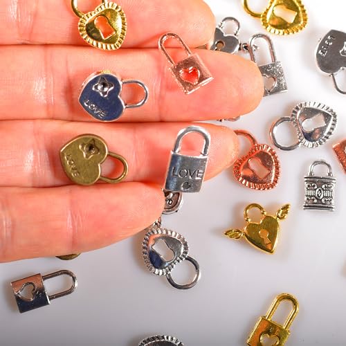 stino 100 Gram Metal Charms for Jewelry Making, Silver & Gold Plated, Bulk Pack for Bracelets, Necklaces, Crafts - color: Heart Lock Mixed Color