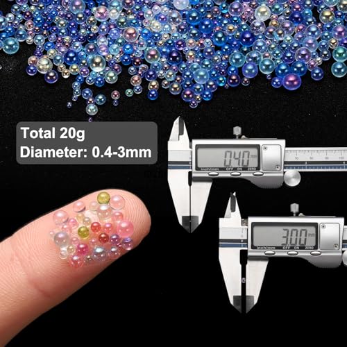 Iridescent Glass Tiny Bubble Beads, 0.4-3mm 20g No Hole Micro Mini Round Blue Water Droplets Beads - Applications: for Resin Filler, Nail Art, Dollhouse Bath Tub, 2-Pieces - color: Blue, size: φ0.4-3mm
