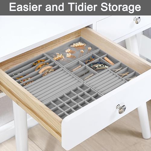 12Pcs Velvet Stackable Jewelry Trays, Jewelry Drawer Organizer, Large Removable Display Jewelry Tray, Necklace Bracelet Storage Box for Earring, Ring, Brooch, Watch (Grey) - color: Grey