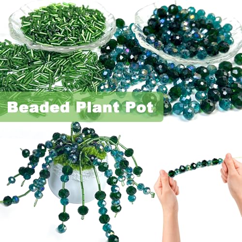 1189pcs Glass Bead Plant Kit, Green Beads with Pot for Plant Making, Nature Crystal Faceted and Bugle Beads Bulk Kit for Craft DIY Charms Wind Chimes