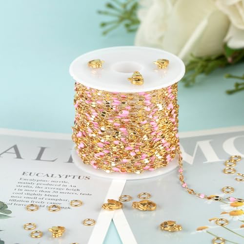 UMAOKANG 16.4ft Chains for Jewelry Making Stainless Steel Jewelry Making Supplies Pink Enamel Chain Roll with Jump Rings and Lobster Clasps - color: Gold-Pink