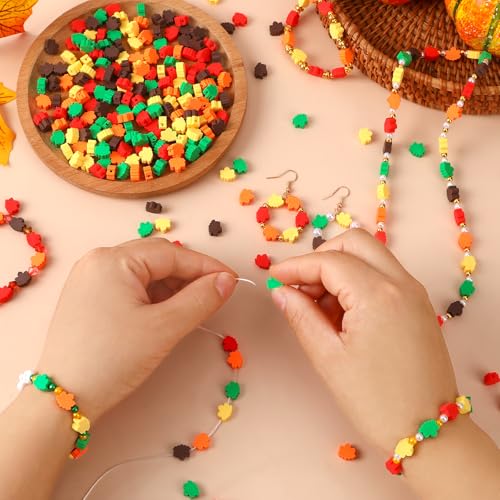 Fall Polymer Clay Beads, 300pcs Fall Mapel Leaf Clay Beads for Jewelry Making Thanksgiving Autumn DIY Bracelet Necklace Accessories Craft Party Supplies - color: Red Orange Yellow Green Brown