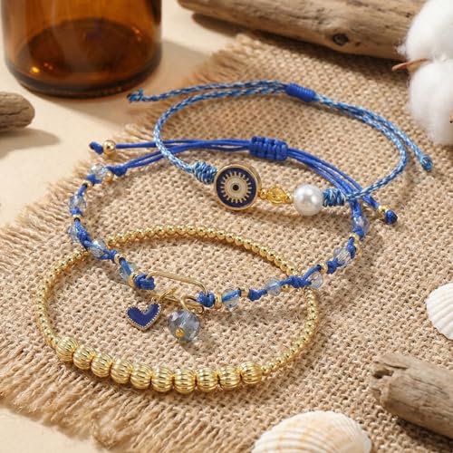 Evil Eye Heart Charm Stackable String Rope Colorful Beaded Bracelets Set For Women, Boho Handmade Adjustable Protection Lucky Gold Jewelry, Daily Party Friendship Gift - color: Blue