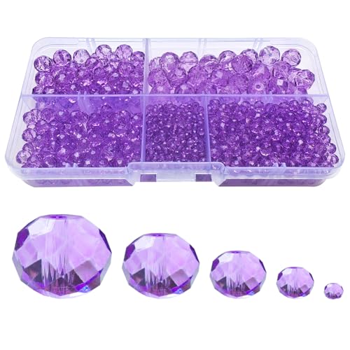 Crystal Violet Rondelle Glass Beads for Jewelry Making, Faceted Briolette Crytal Spacer Beads for Bracelet Necklace Earring (2mm 4mm 6mm 8mm 10mm Mixed Sizes, 1000pcs) - color: Crystal Violet