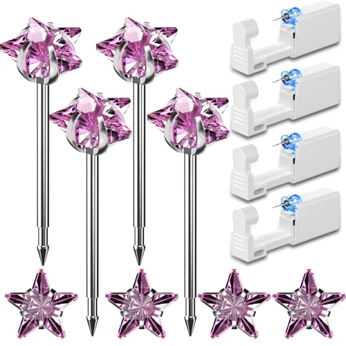 Nunpag 12 Pcs Ear Piercing Kit Disposable Ear Piercing Gun Kit with 4 Pcs 5 Prong Setting Cubic Zirconia Pink Star Earrings Stud 316L Stainless Steel Easy to Use Self Ear Piercer Gun Kit Tool Silver - color: Silver-Pink-Star