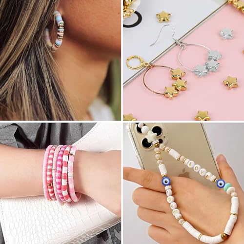 6mm Flat Round Spacer Beads, Clay Beads for Bracelets Making Kit, Heishi Polymer Flat Disc Spacer Beads for Jewelry Making, Clay Beads for Jewelry Making Gold Beads Silver (1700pcs（500star）) - color: 1700pcs（500star）