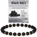 QOGIR 14k gold Handmade Healing Bracelet, Natural Gem Stone Crystal Elastic Gold Bracelet - color: Black Onyx - Protecting and Grounding, size: 6m