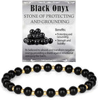 QOGIR 14k gold Handmade Healing Bracelet, Natural Gem Stone Crystal Elastic Gold Bracelet - color: Black Onyx - Protecting and Grounding, size: 6m