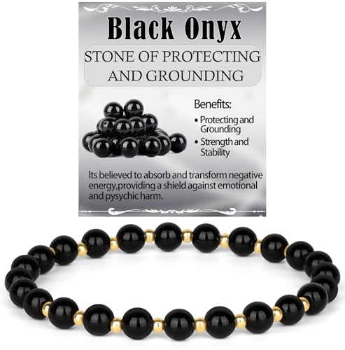 QOGIR 14k gold Handmade Healing Bracelet, Natural Gem Stone Crystal Elastic Gold Bracelet - color: Black Onyx - Protecting and Grounding, size: 6m