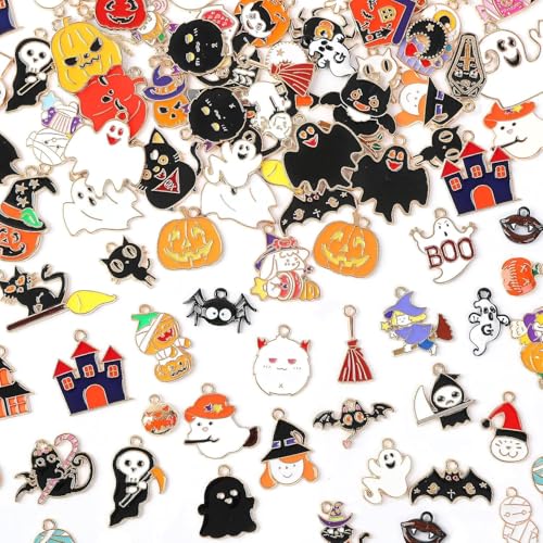 MARFOREVER 120 PCS Halloween Charms for Jewelry Making, Assorted Halloween Ghost Skeleton Bat Witch Pumpkin Skull Enamel Charm Pendants for Bracelet Necklace Earrings Making DIY Crafts Gifts - style: Halloween