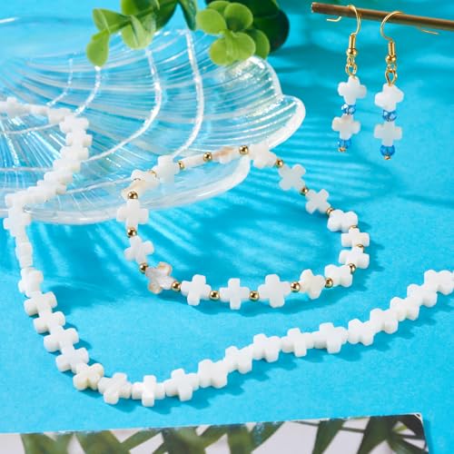50 Pcs Shell Cross Beads 8mm Gemstone Cross Beads Small Cross Crucifix Crystal Stone Beads for Easter Holiday Bracelet Necklace Jewelry Making - color: Floral White-Shell