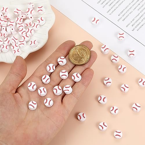 100pcs Baseball Spacer Loose Beads Sports Ball Polymer Clay Beads DIY Jewelry Making for Earring Bracelet Necklace Key Chains Craft Accessories (Baseball) - color: Baseball