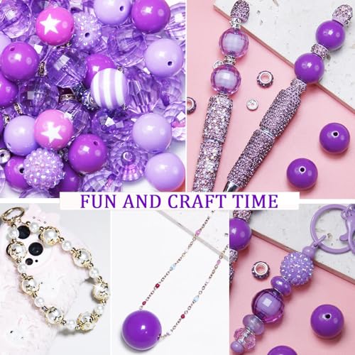 106Pcs 20mm Beads for Pens Making with Rondelle Spacer Beads Purple Acrylic Focal Bubblegum Bead Crystal Round Sparkly Chunky Bead for Pens Beadable Keychain Necklace DIY Craft Jewelry Making Supplies - color: Purple