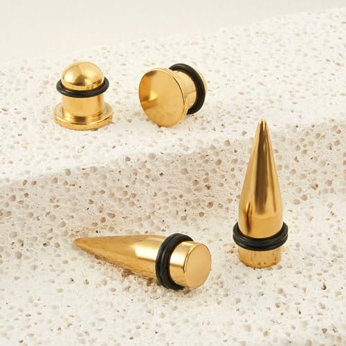 Longbeauty 14G-00G 36pcs Ear Gauges Stretching Kit Surgical Steel Tapers for Ears Gauge Starter Kits Single Flat Top Gauges Plugs for Women Men - color: Gold