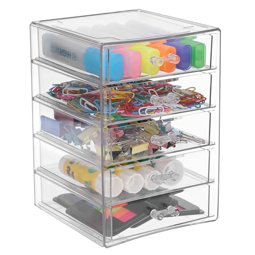 BTSKY Clear Acrylic Storage Organizer with Drawers, 5-Layer Desktop Organizer for Office Essentials, Multi-Purpose Stackable Container for Bathroom Vanity, Desk Makeup Jewelry Container Storage Box - size: 5-layer