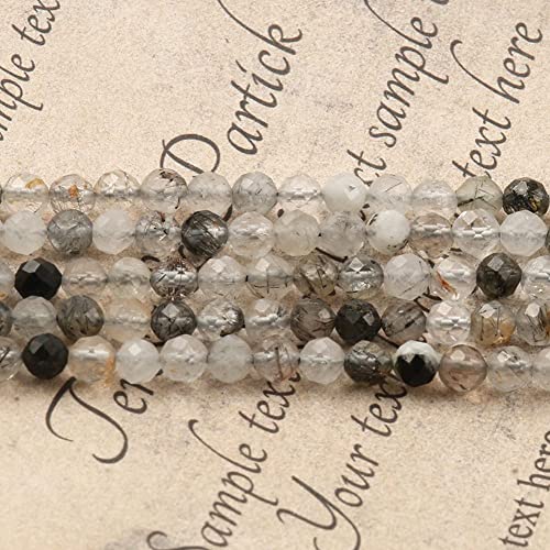 180pcs 2mm Natural Black Rutilated Quartz Gemstone Beads Faceted Round Loose Stone Beads for Jewelry Making (1 Strand) - color: Black Rutilated Quartz, size: 1.9-2.4mm