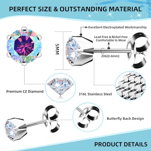 Nunpag 12 Pcs Ear Piercing Kit Disposable Ear Piercing Gun Kit with 4 Pcs 6 Prong Setting Cubic Zirconia Earrings Stud 316L Stainless Steel Easy to Use at Home Self Ear Piercer Gun Kit Tool, Silver - color: Silver-Rainbow