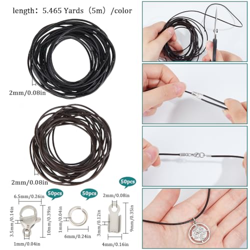 SUNNYCLUE 10M Leather Necklace Bracelet Making Kit Genuine Leather Cord 2mm 150Pcs Stainless Steel Jewelry Findings Black Brown Leather Jewelry Rope Leather Cords for Jewelry Making Kits Supplies
