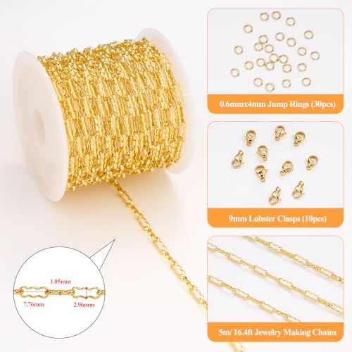 5 Meters Gold Plated Chain for Jewelry Making Stainless Steel Link Chains Bulk on Spool with Jump Rings Lobster Clasps - color: Gold