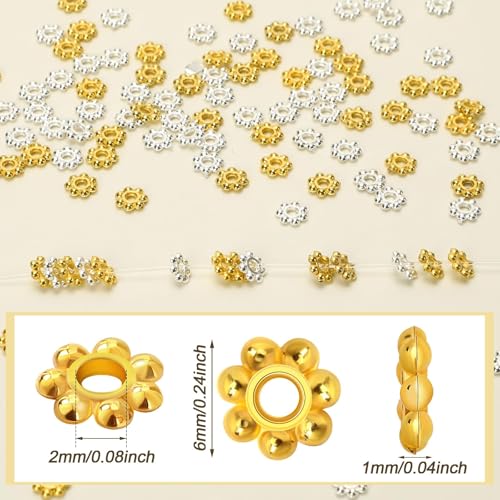 Augshy 700 Pcs Silver and Gold Daisy Flower Spacer Beads for Jewelry Making, Crafts, Hair Beads, Friendship Bracelets, Birthday Party Decorations - style: Flower Style