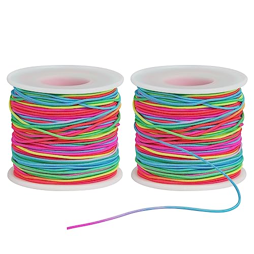 Ohtomber Bracelet String Elastic Cord - 2 Rolls 1MM Rainbow Stretchy String for Bracelet Making, Thread for Clay Beads, Jewelry, Necklaces, Sewing and Crafts