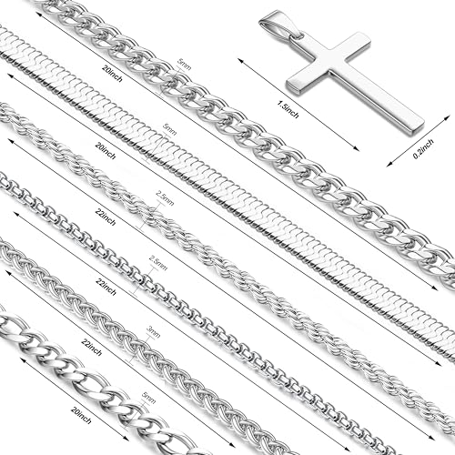 LOYALLOOK 6PCS Silver Chain for Men Women Stainless Steel Cross Chain Layered Cuban Link Figaro Snake Box Chain Cross Pendant Necklace 18-20IN/20-22IN - size: 20inch/22inch