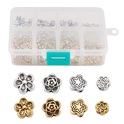 Beadthoven 400pcs/Box 4 Styles Tibetan Flower Star Loose Beads Spacer Charms Mixed Colors for for Bracelet Jewelry Making Hole:1-1.5m - color: Flower-2 Colors
