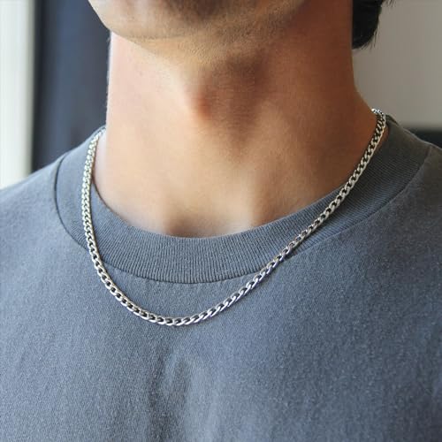 HZMAN Cuban Chain for Men - Stainless Steel Gold & Silver Diamond Cut Hip Hop Link Chains - 3.5mm/5mm/7mm/9mm - 16-30 Inch - color: 5mm Silver, size: 22in