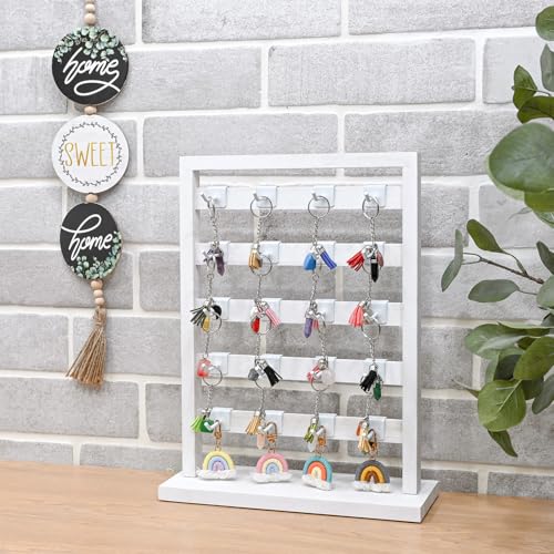 Ikee Design 5 Tiers Free Assemble Wooden Jewelry Display Rack with 20 Removable Metal Hooks,Earring Card Display Stand,Jewelry Organizer,Bracelet Organizer,Keychain Display Stand,Wash White - color: 7) Wash White w/White Hook