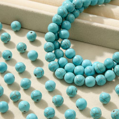 8mm Blue Turquoise Beads 190pcs Natural Stone Bead Gemstone Round Loose Beads for DIY Crafts Bracelet Necklace Earrings Jewelry Making(Blue) - color: blue