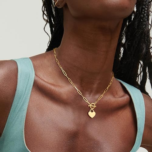 Carffordo Gold Plated Necklaces for Women - Dainty Layered 14K Gold Plated Stack Paperclip Rope Cuban Toggle Link Chain Choker Necklace Set Chunky Trendy Jewelry Gift - style: OT-Heart