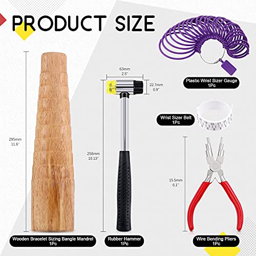 Hilitchi 5Pcs Jewelry Tool Set Including Rubber Hammer, Wooden Bracelet Sizing Bangle Mandrel, Jewelry Pliers, Plastic Wrist Sizer Wrist Belt Bracelet for Jewelry Making and Repairing Tools Kit